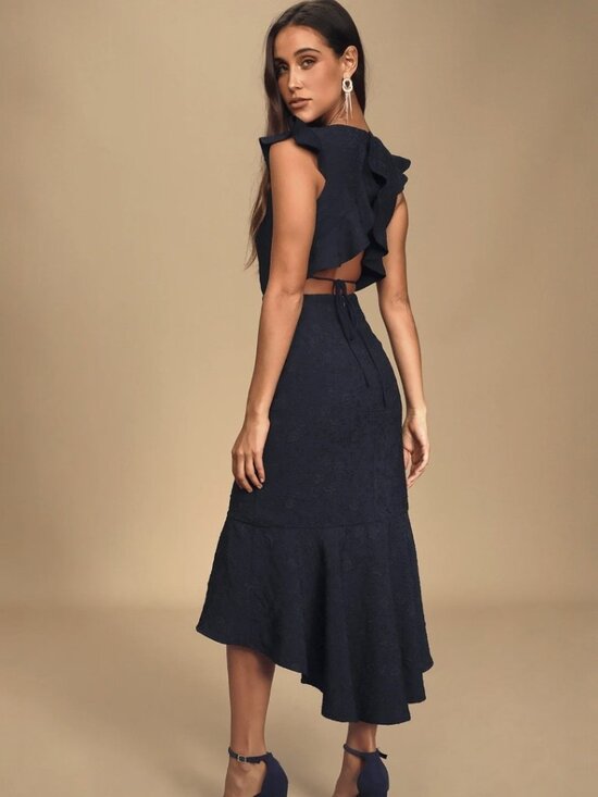 Lulus Dresses & Skirts - Lulus Sophisticated Soiree Navy Blue Jacquard Backless High-Low Dress NWT